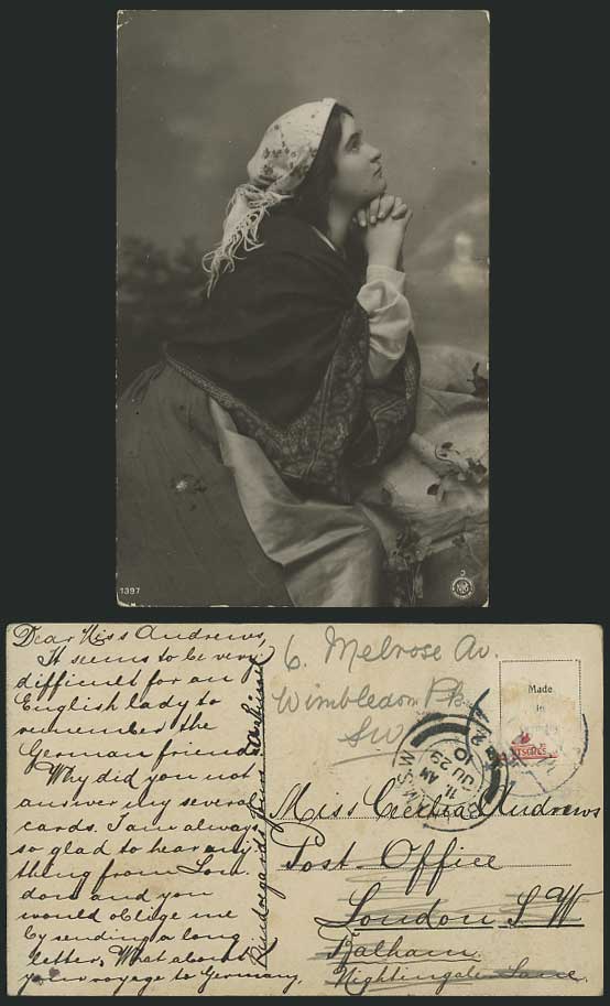 Woman Prayer Costumes 1910 Old Real Photograph Postcard