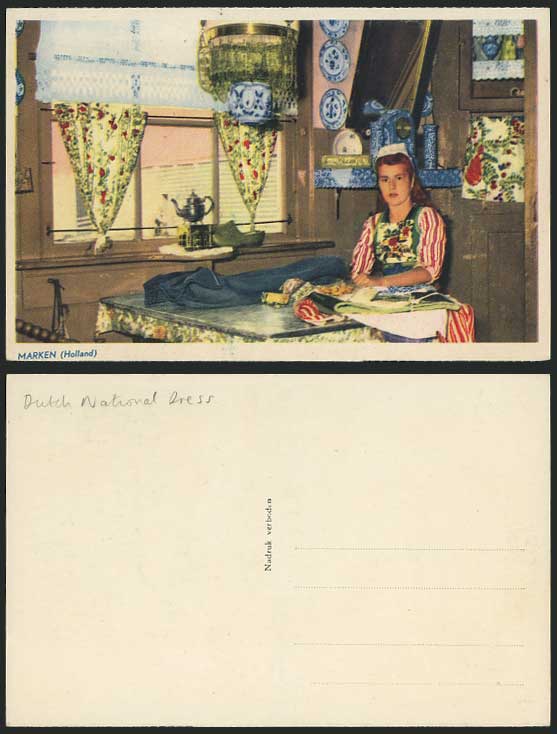 MARKEN Dutch Girl Costumes, House Interior Old Postcard