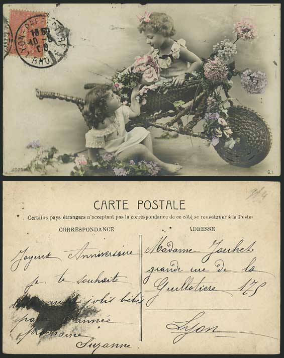 Children 1908 Old Hand Tinted RP Postcard Little Girls