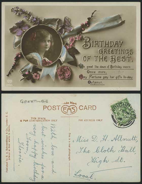 Birthday Greetings on the Best - Girl 1914 Old Postcard