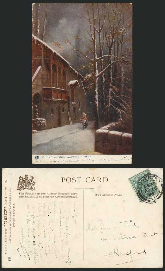 Warwick 1904 Old Postcard GUY'S CLIFF MILL Winter Snow