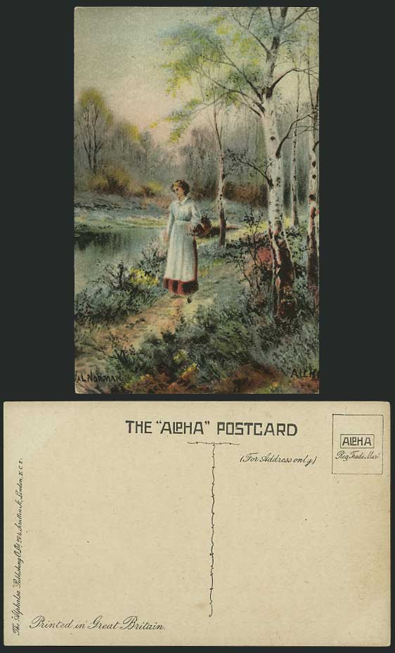 Val Norman Artist Signed Old Postcard Lady, Birch Trees