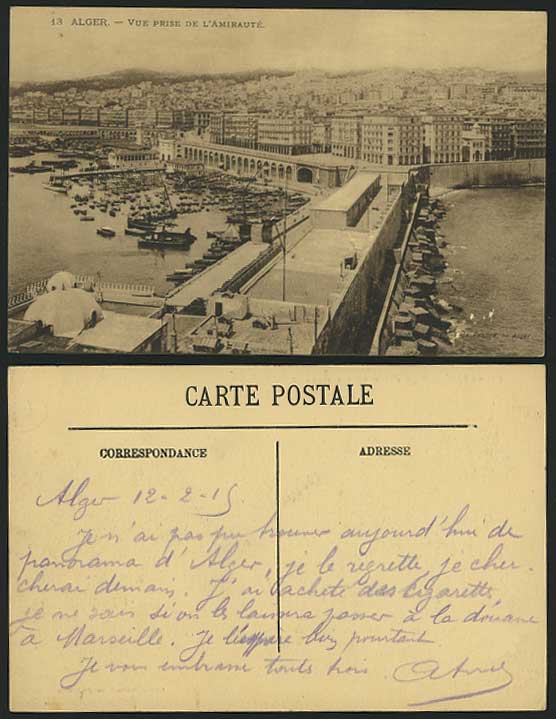 Algeria 1915 Postcard Alger Vue prise Amiraute, Harbour