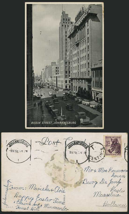 JOHANNESBURG - RISSIK STREET 1956 Postcard Vintage Cars