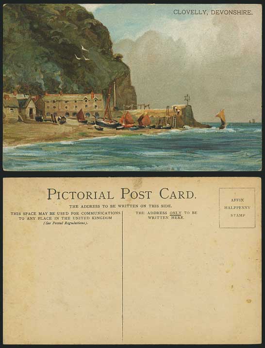 Devonshire Old Art Postcard CLOVELLY Boats Pier & Beach