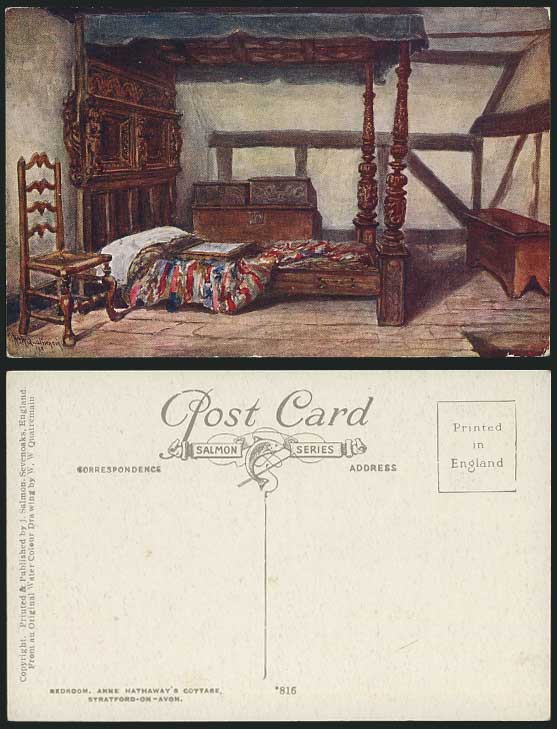 ANNE HATHAWAY'S COTTAGE, Bedroom Old Art Drawn Postcard