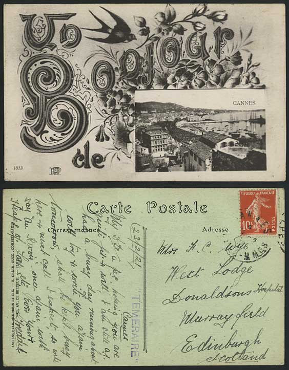 Bonjour de CANNES 1921 Old Postcard Bird Flower Harbour