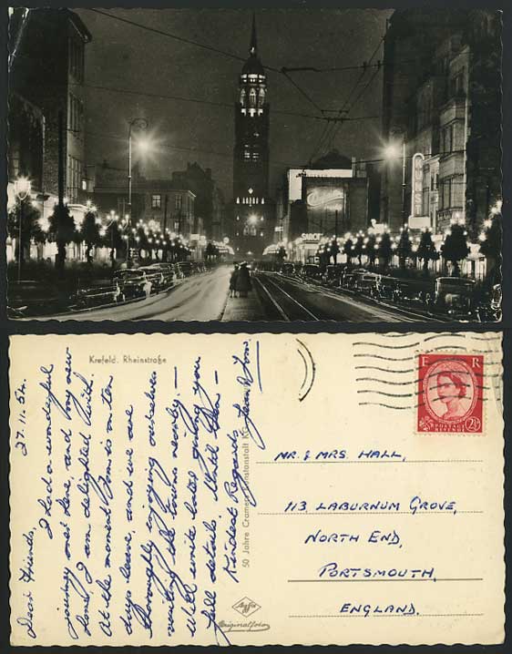 Germany Krefeld - Rheinstrasse Street 1954 Old Postcard