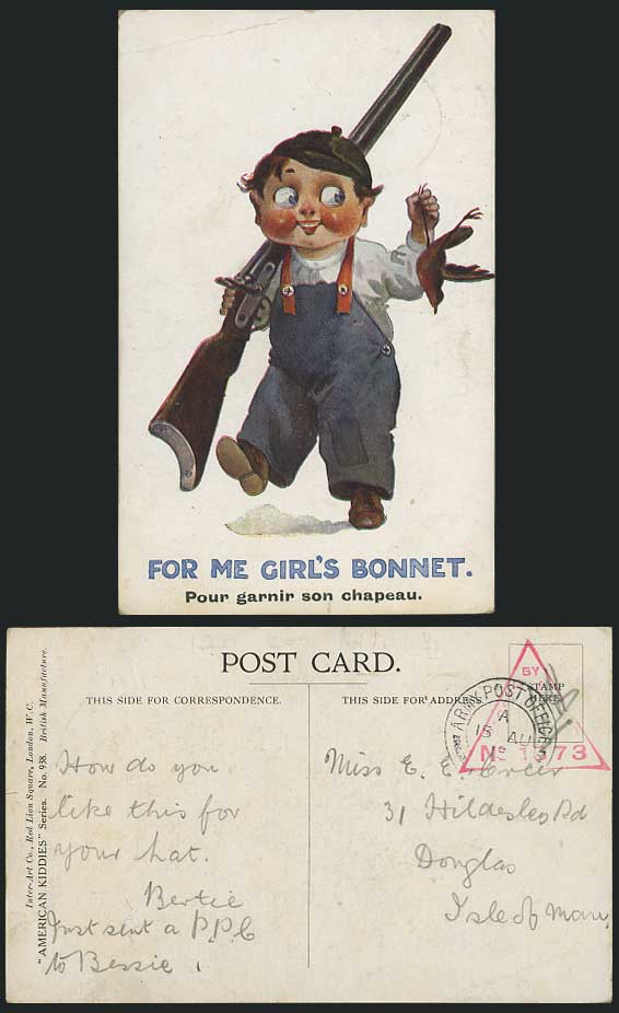 Hunter Gun Bird, For Me Girl's Bonnet 1915 Old Postcard