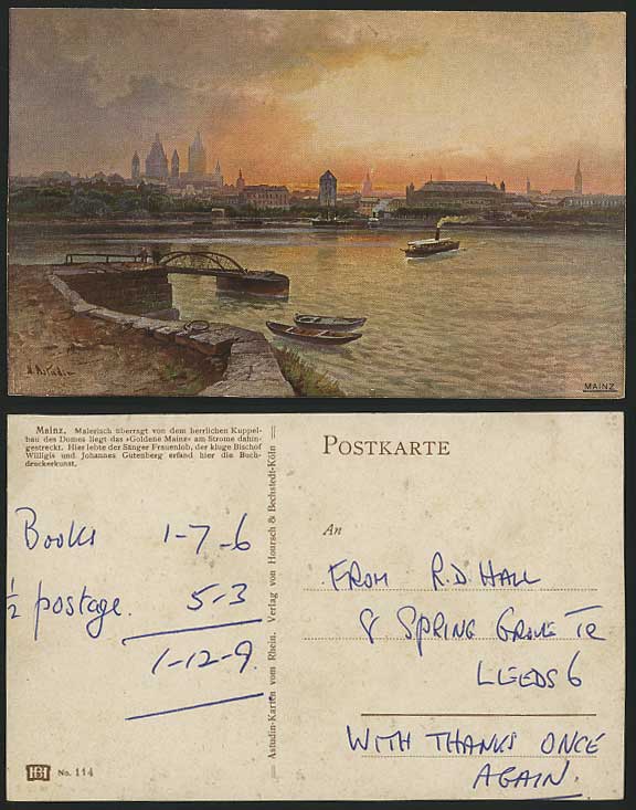 MAINZ Sunset & Boats Astudin Artist Signed Old Postcard