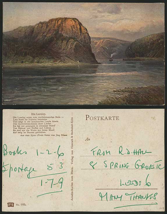 DIE LORELEY River Old Postcard N. Astudin Artist Signed