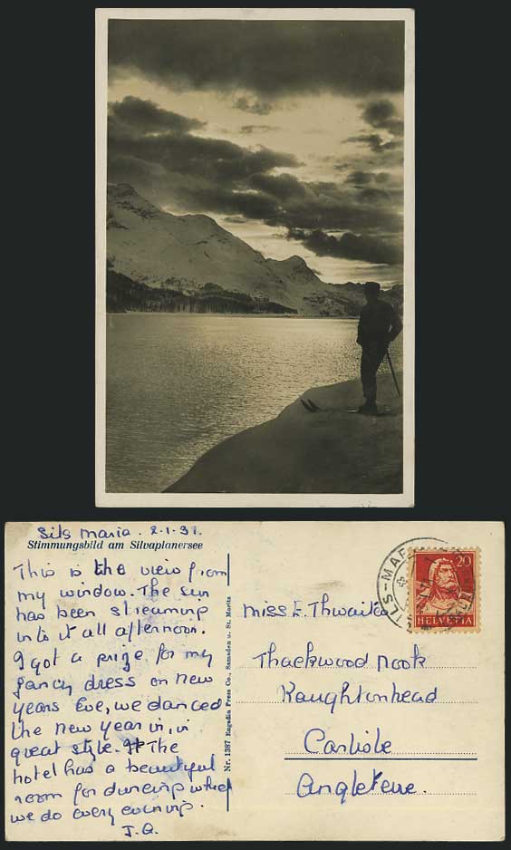 STIMMUNGSBILD am SILVAPLANERSEE 1931 Old Postcard SKIER