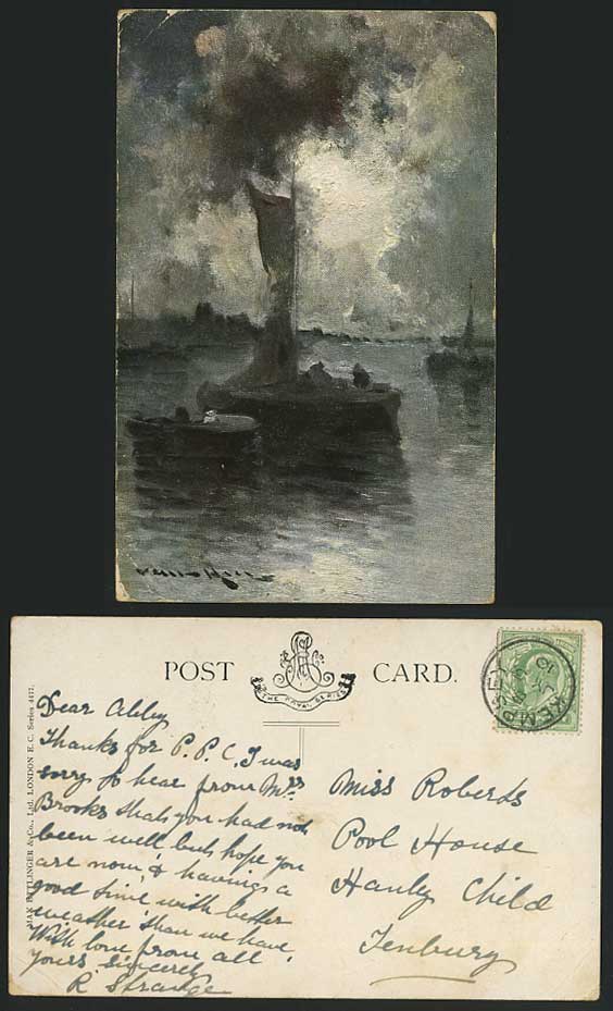 Artist Signed 1910 Old Postcard Sailing Boats & Harbour