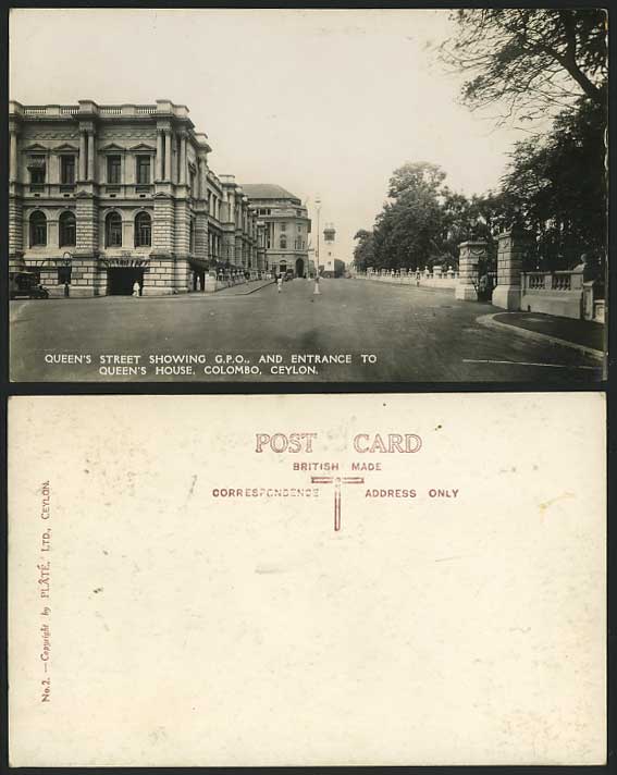 Ceylon Old Postcard Colombo G.P.O. Queen's Street House