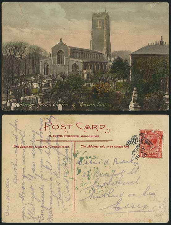 Woodbridge Parish Church & Queen's Statue 1919 Postcard Suffolk