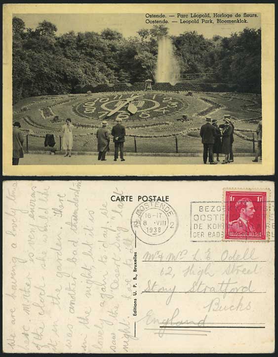 Belgium 1938 Postcard OSTENDE LEOPOLD PARK Floral Clock