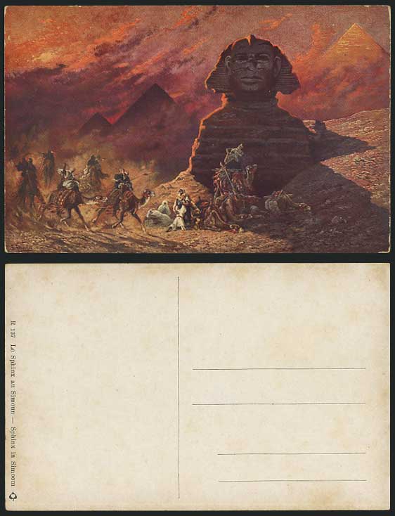 Egypt F. Perlberg Old ART Postcard SPHINX Simoom Pyramid WAR Battle Scene