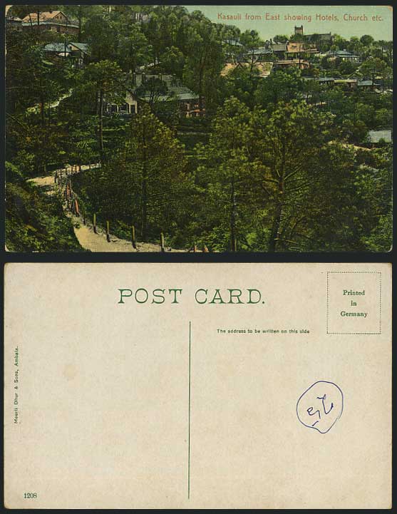 India Old Colour Postcard Kasauli from East show HOTELS CHURCH