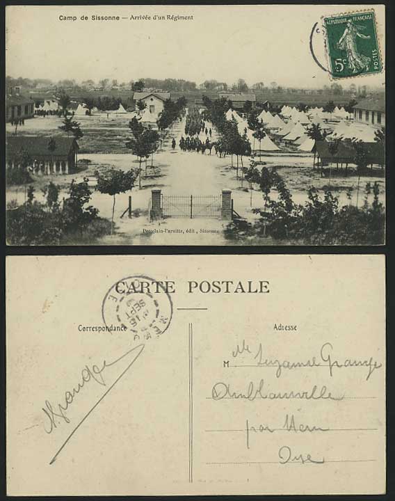 CAMP de SISSONNE Arrivee Regiment Arrival 1908 Postcard