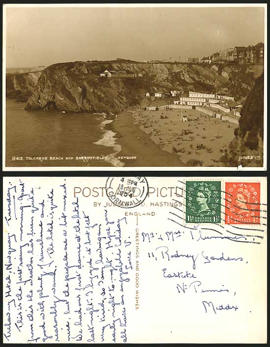 TOLCARNE BEACH & BARROWFIELDS Newquay 1954 Old Postcard