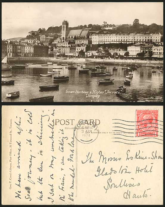 TORQUAY 1927 Old Postcard Inner Harbour, Higher Terrace
