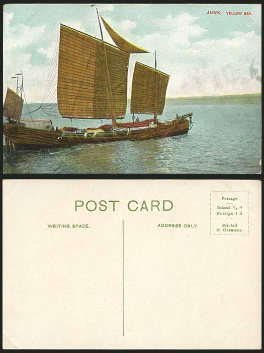 China Old Colour Postcard CHINESE JUNK YELLOW SEA Sailing Boat Shipping