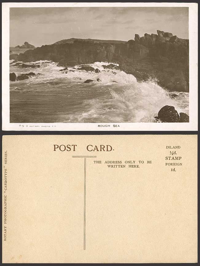 ROUGH SEA - Rocks Coast, Rotary Real Photo Old Postcard English Coast England