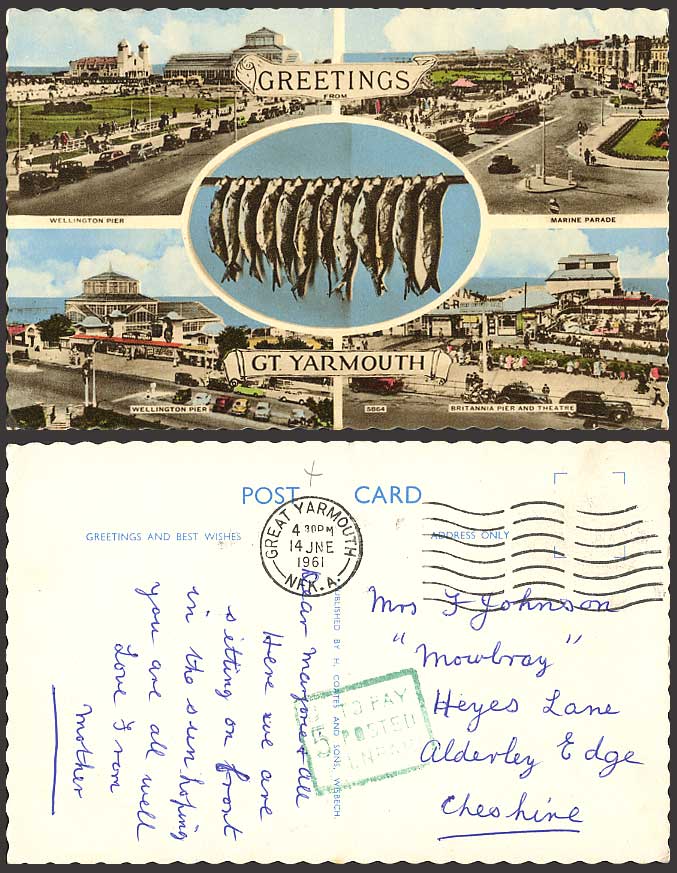 Postage due 5d To Pay Gt Yarmouth 1961 Old Postcard FISH Theatre Wellington Pier