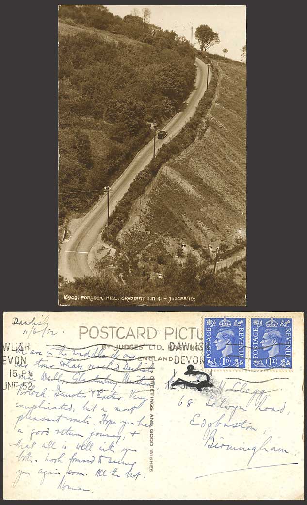 PORLOCK HILL, Gradient 1 in 4 1952 Old Judges' Postcard