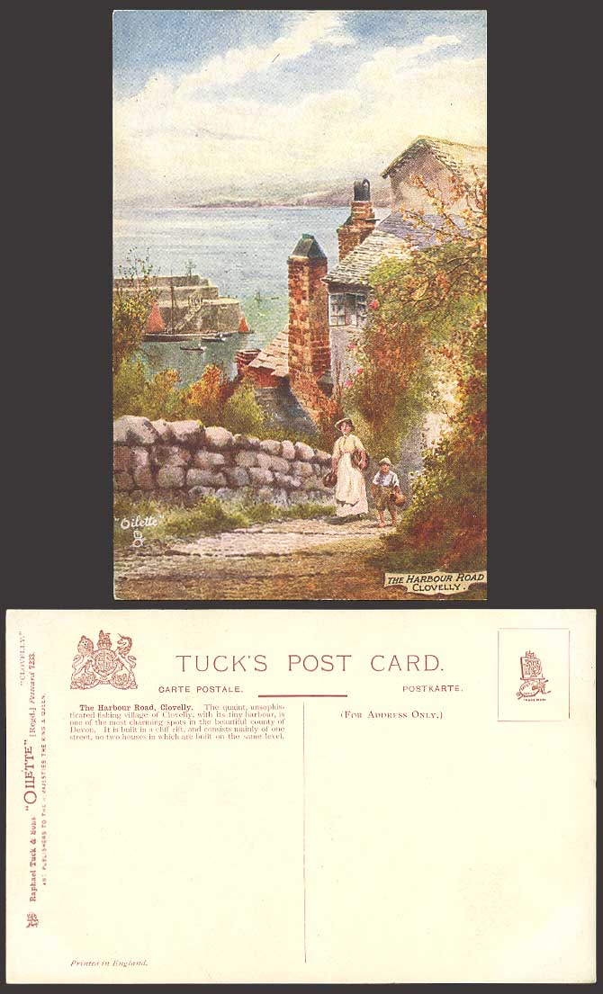 CLOVELLY Devon THE HARBOUR ROAD Old Tuck's Oilette Postcard Pier Boats Panorama