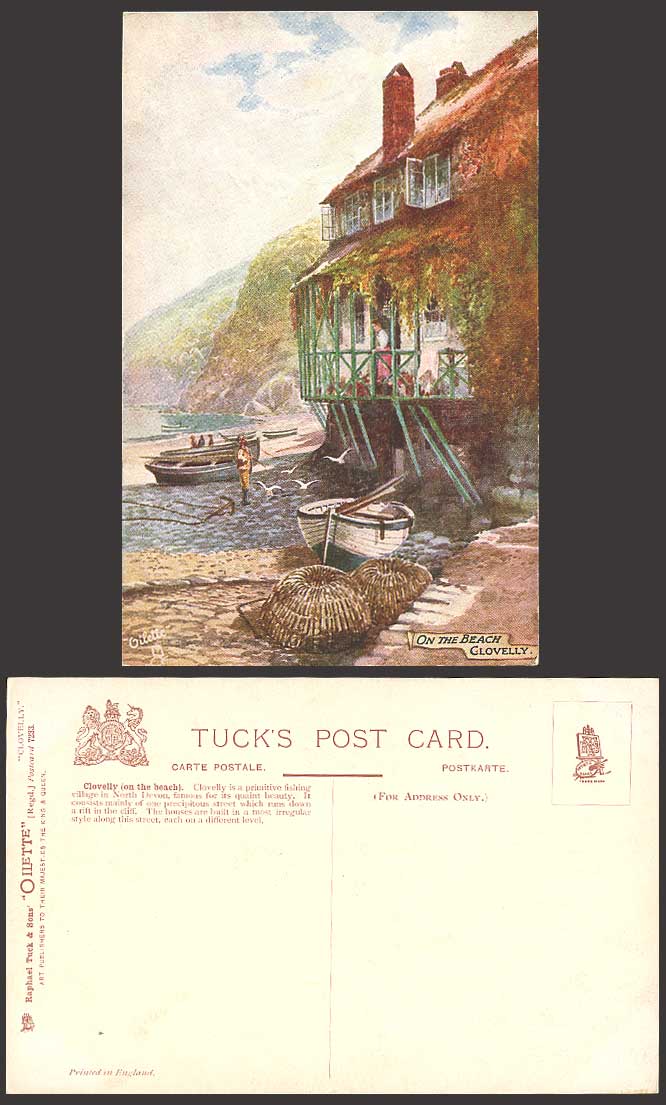 CLOVELLY On The Beach Fishing Boat Old Tuck's Oilette Postcard Cottage Fisherman