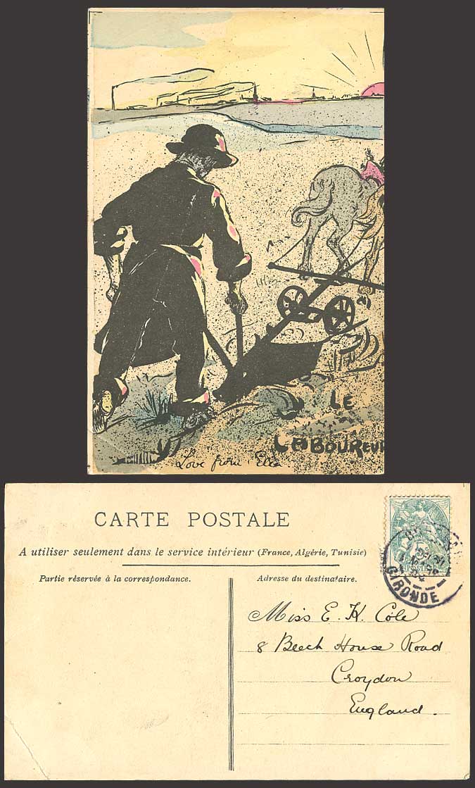 Farmer Ploughing Field, Laboureur 1904 Old Art Postcard