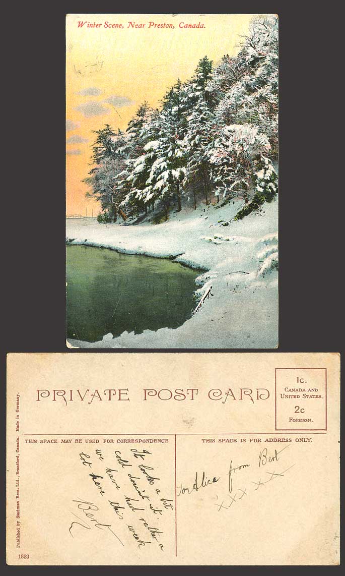 Canada Old Postcard Winter Snowy Scene Sunset - PRESTON