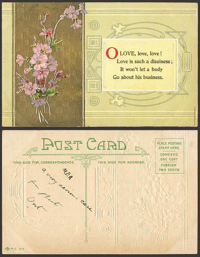 Love is such a dizziness, Flowers Old Embossed Postcard