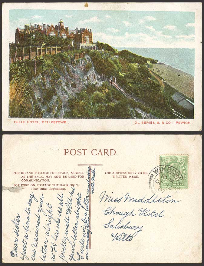 Felixstowe 1907 Old Postcard FELIX HOTEL Beach & Cliffs