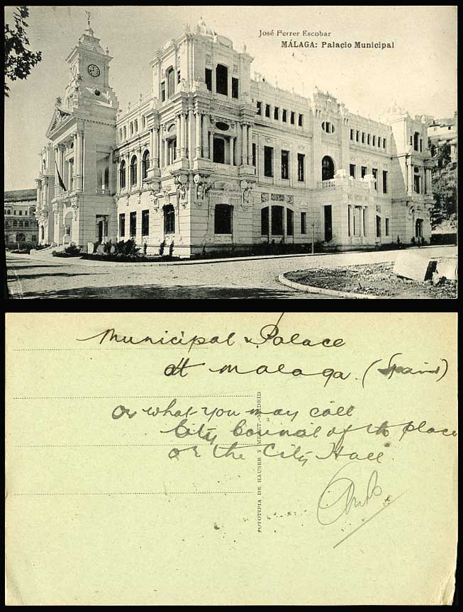 Spain Old Postcard MALAGA Palacio Municipal City Hall Clock Tower Jose Ferrer Es