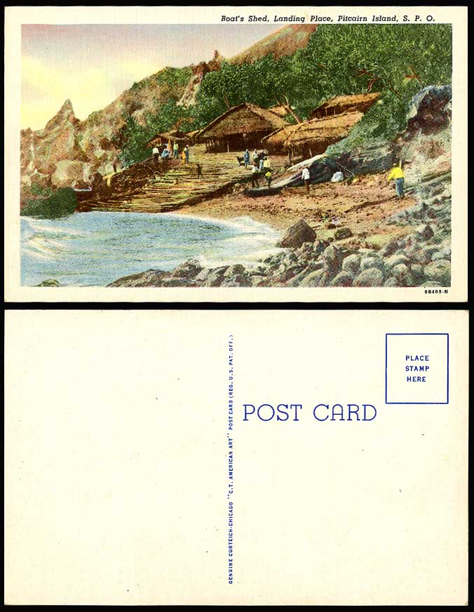 PITCAIRN ISLAND Old Colour Postcard Boat's Shed, Landing Place, S.P.O. Rocks