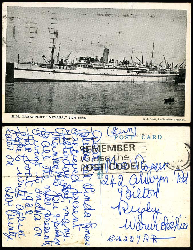 H.M. Transport NEVASA, 9,071 tons Warship Battleship Old Postcard Lifeboats Ship