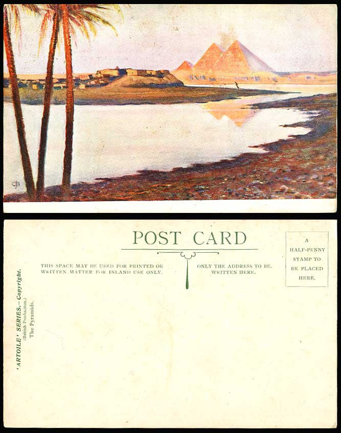 Egypt Artist Drawn c.1908 Old Colour Postcard PYRAMIDS