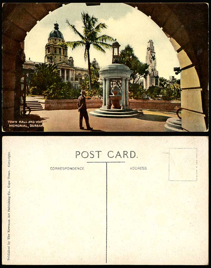 Durban War Memorial & Town Hall Monument Statue South Africa Old Colour Postcard