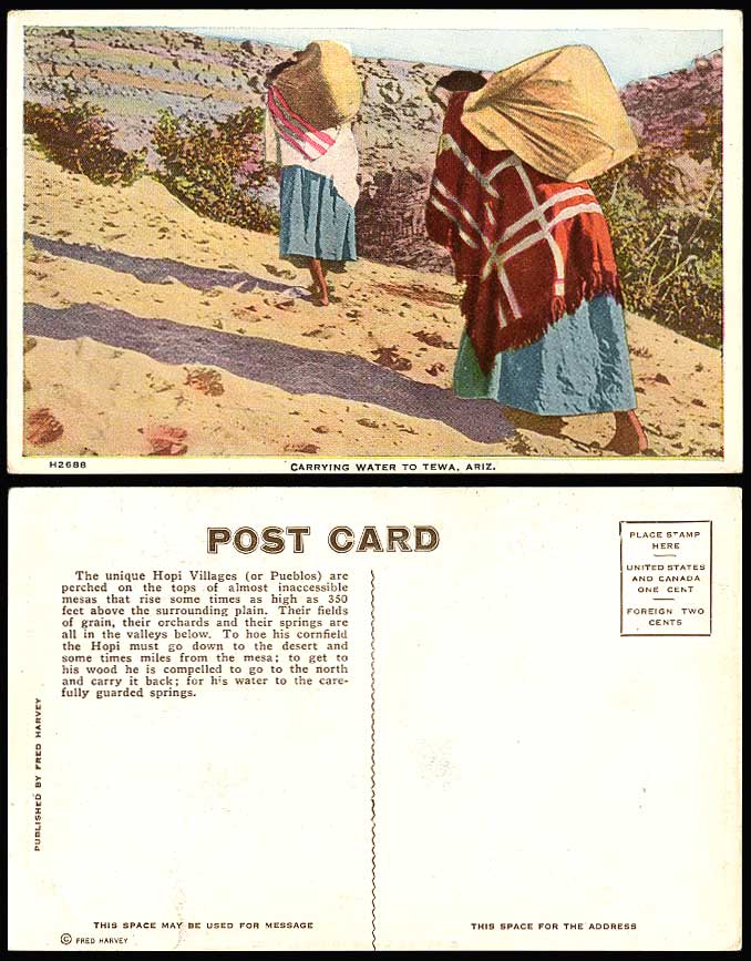 Hopi Native American Indian Women Carrying Water to TEWA Arizona US Old Postcard
