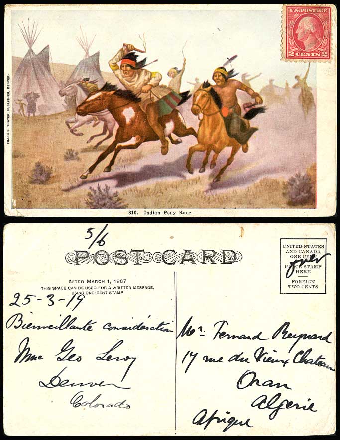 Indian Pony Race, Poines Horses, American Red Indians Sports Old Colour Postcard