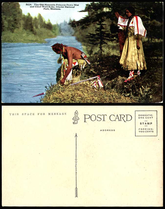 Moccasin Princess Dawn Mist & Chief Wolf Robe Glacier National Park Old Postcard