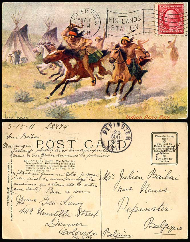 Horse Racing, John Jones Indian Pony Race American Red Indians 1911 Old Postcard