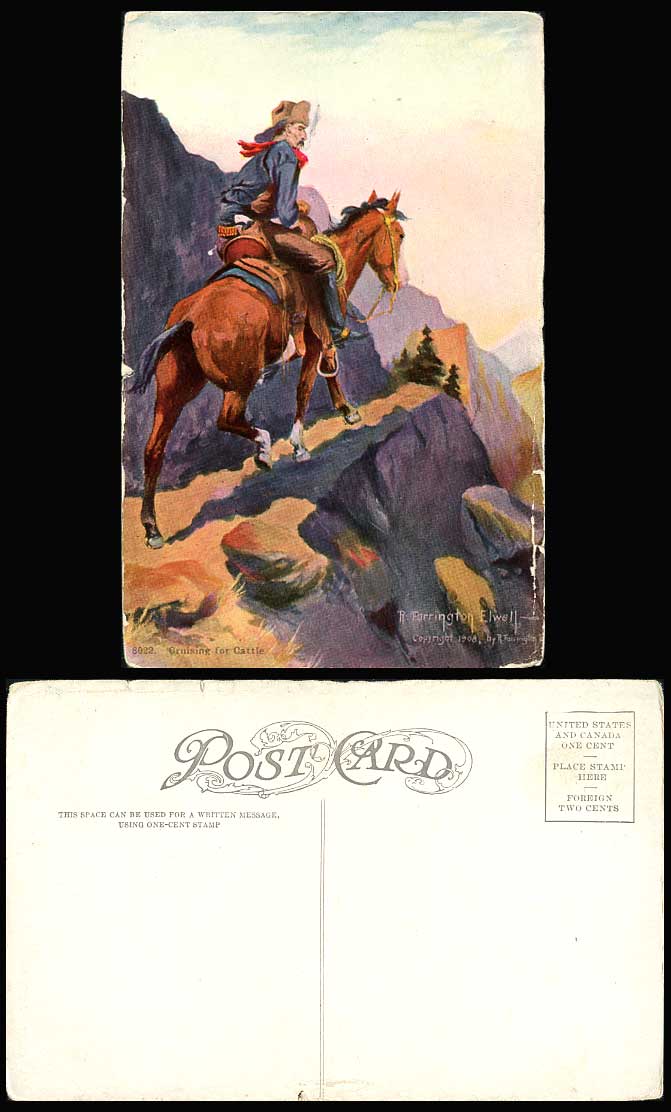 R. Farrington Elwell Signed, Cowboy Cruising for Cattle Horse Rider Old Postcard