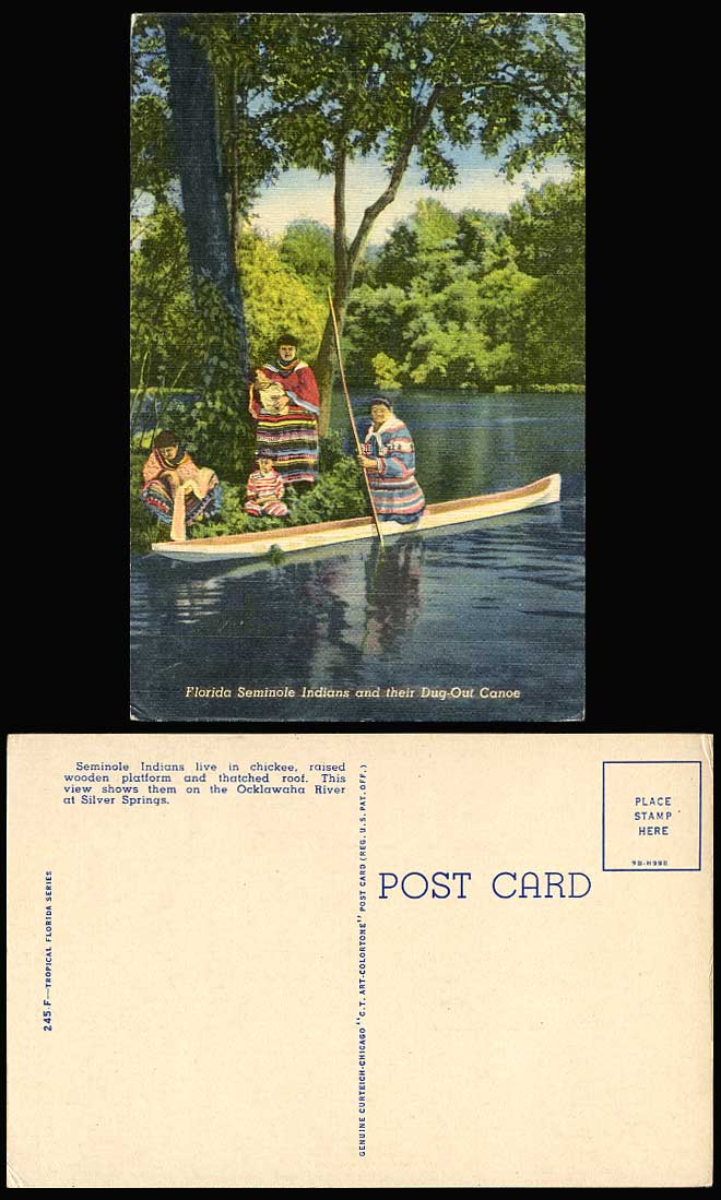 Seminole Indians Their Dug-Out Canoe Ocklawaha River Silver Springs Old Postcard