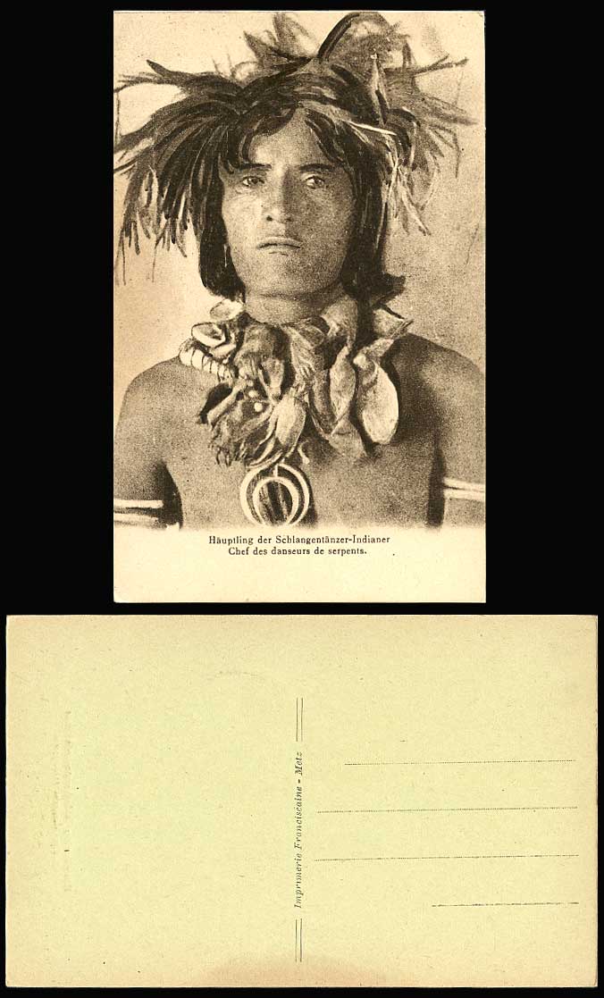 American Red Indian Chief of Dancers of Snakes Danseurs de Serpents Old Postcard