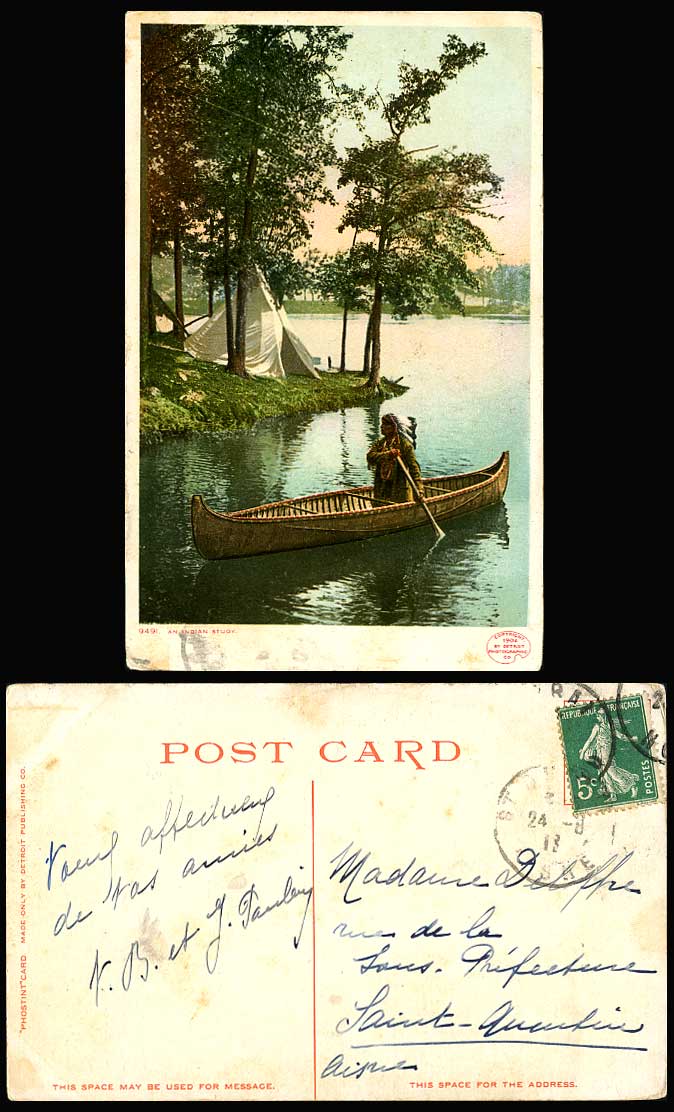 Native American Red Indian, Canoe Boat, Tent Camp, River Scene 1918 Old Postcard