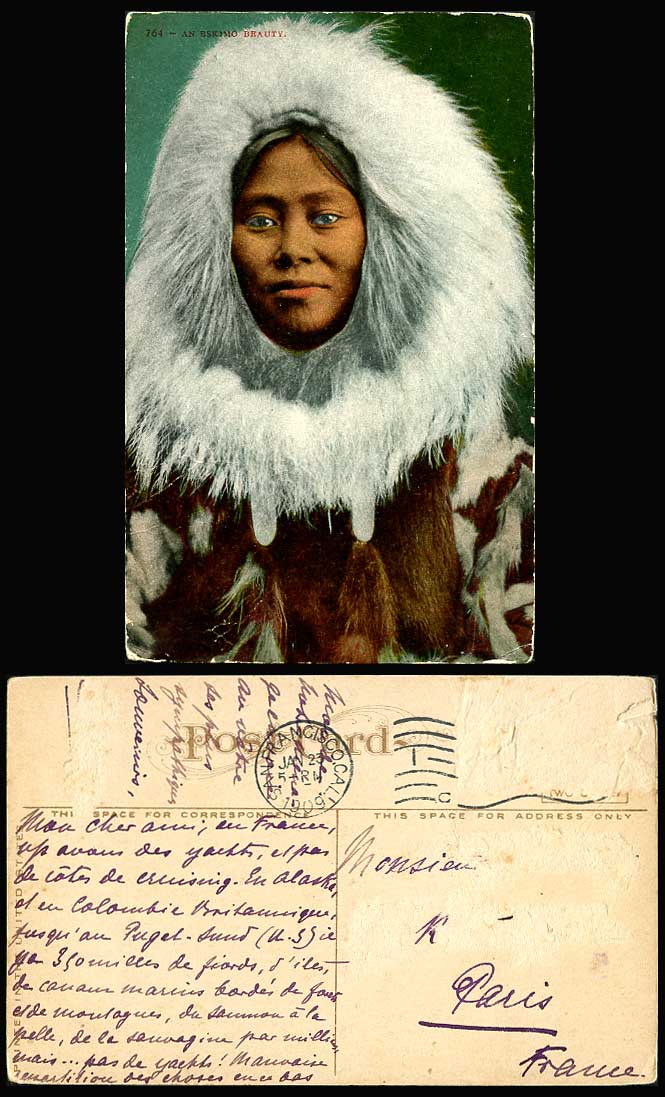 Eskimo Beauty Woman Lady, Fur Coat Costumes Ethnic Life 1909 Old Colour Postcard