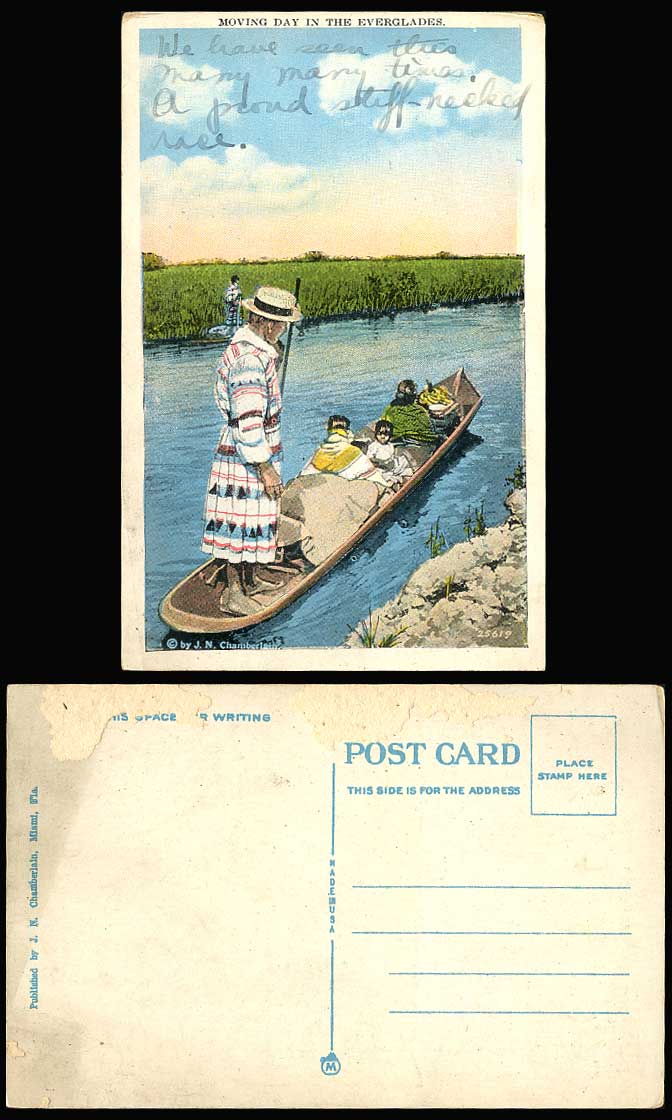 Native American Red Indian, Moving Day in the Everglades Canoe Boat Old Postcard